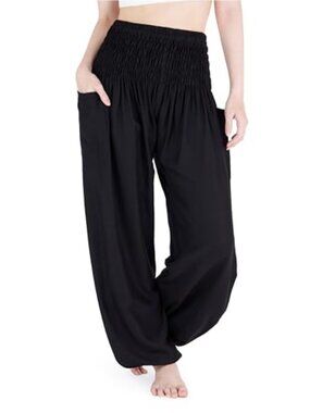 Women's Smocked Waist Boho Harem Yoga Pants with Pockets